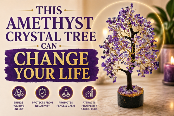 Beautiful Amethyst Crystal Tree with purple crystal branches that brings positive energy, peace, prosperity, and protection for home decor and spiritual healing.