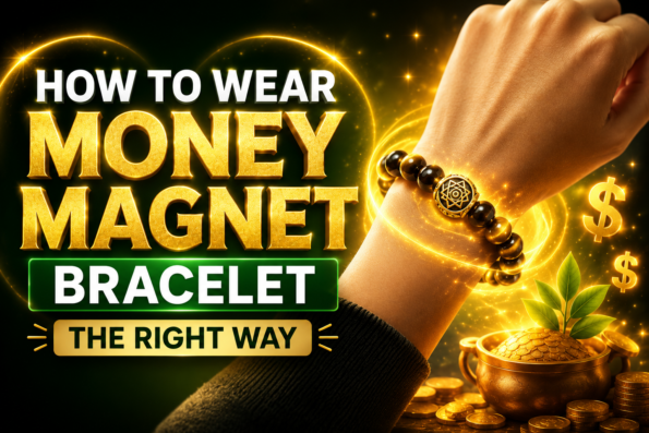 Person wearing a glowing Money Magnet Bracelet on left hand for wealth attraction and positive energy. and the heading is how to wear money magnet bracelet and this is the right way