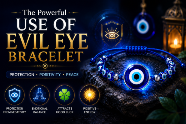 Blue evil eye bracelet glowing on dark background showing the use of evil eye bracelet for protection, positivity, peace, and spiritual balance.