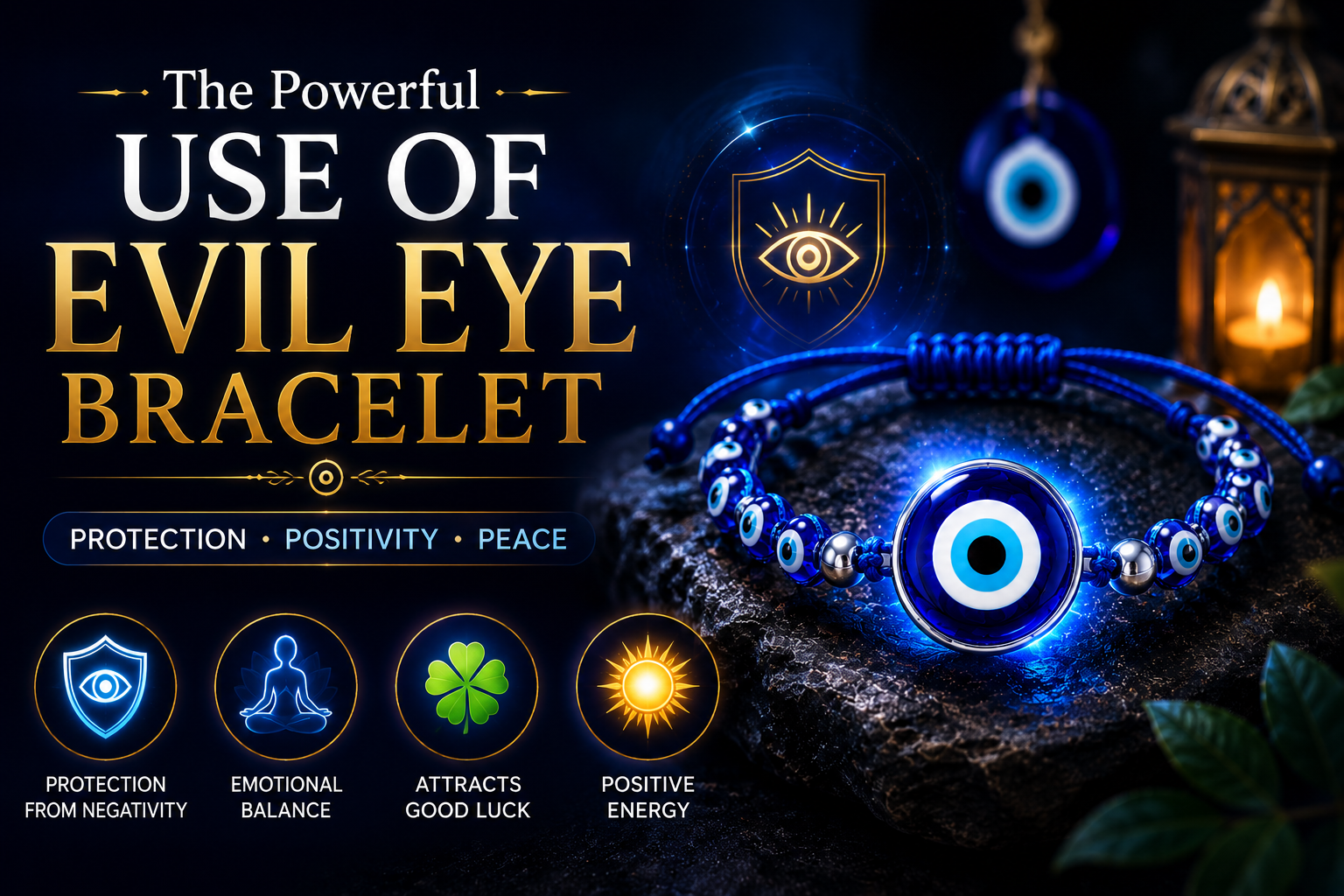 Blue evil eye bracelet glowing on dark background showing the use of evil eye bracelet for protection, positivity, peace, and spiritual balance.