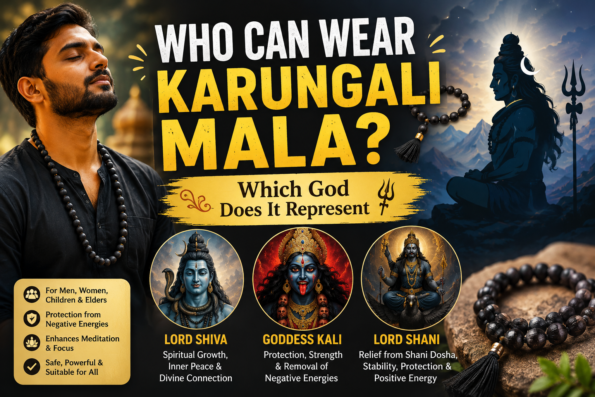 Who Can Wear Karungali Mala and which God does it represent – spiritual guide showing Karungali Mala with Lord Shiva, Goddess Kali, and Lord Shani for protection and divine blessings.