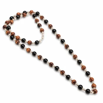 Rudraksha & Karungali Malai – Original 54 Beads Ebony Wood Mala with Silver Caps