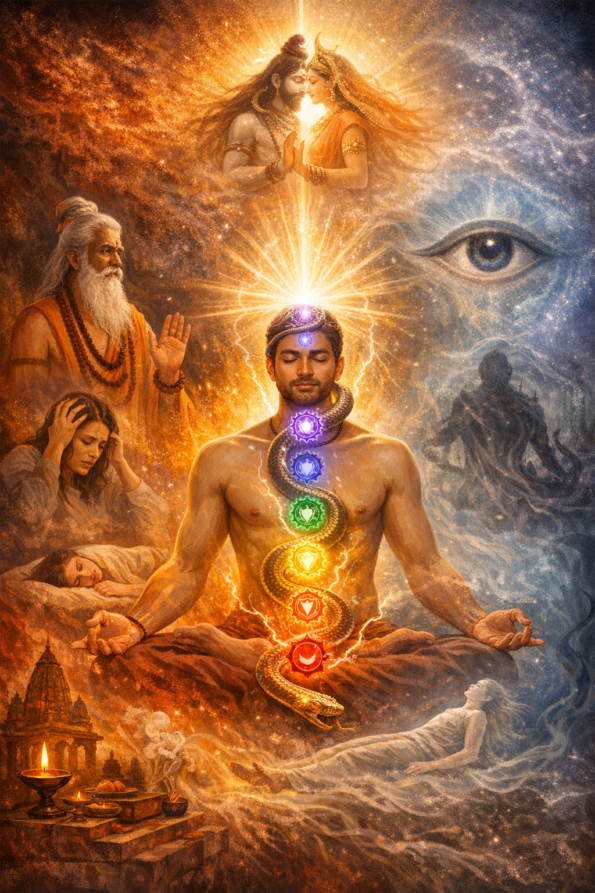 मानव शरीर में स्थित सात चक्रों और कुंडलिनी शक्ति के ऊर्ध्वगमन का विस्तृत चार्ट।