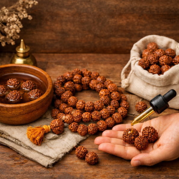 Rudraksha care process showing cleaning, oiling, and safe storage of Rudraksha beads on a wooden surface