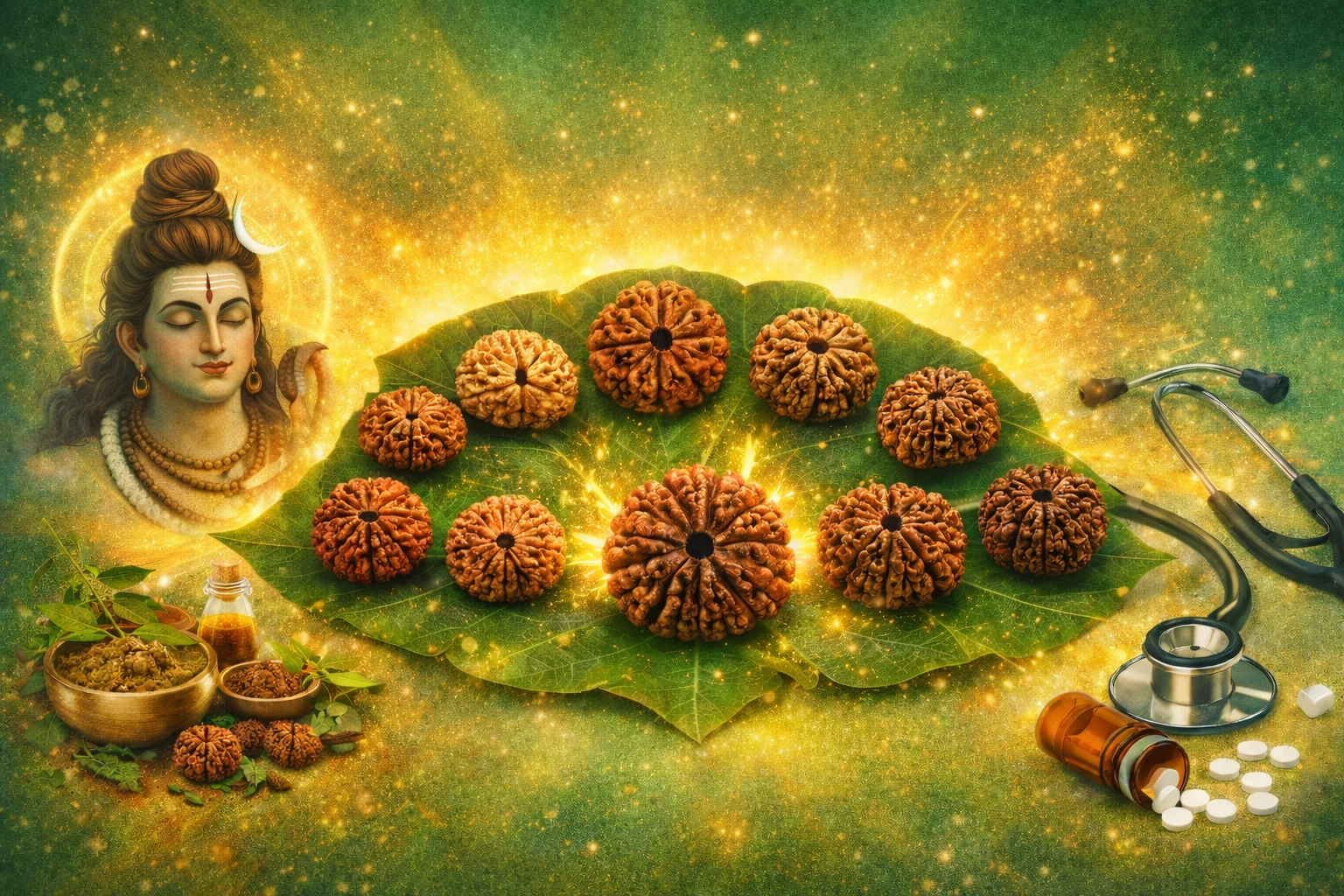 Nine Rudraksha beads arranged on a green lotus leaf, with Lord Shiva meditating on the left, Ayurvedic herbs below, and modern medical tools on the right, symbolizing the connection between Rudraksha, Ayurveda, and health