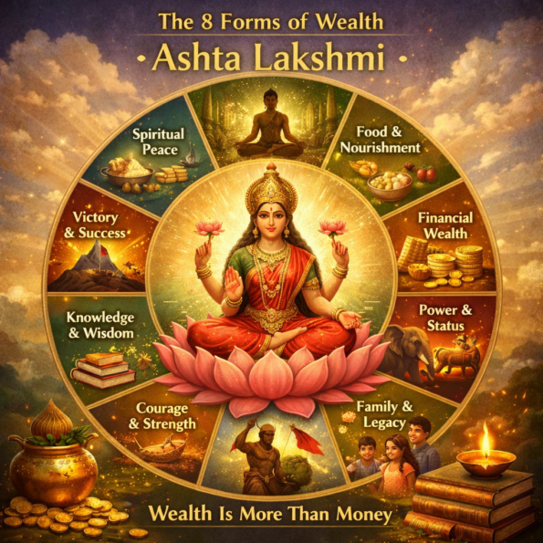 Ashta Lakshmi illustration showing the eight forms of wealth including spiritual peace, knowledge, courage, family, success, nourishment, power, and financial prosperity.