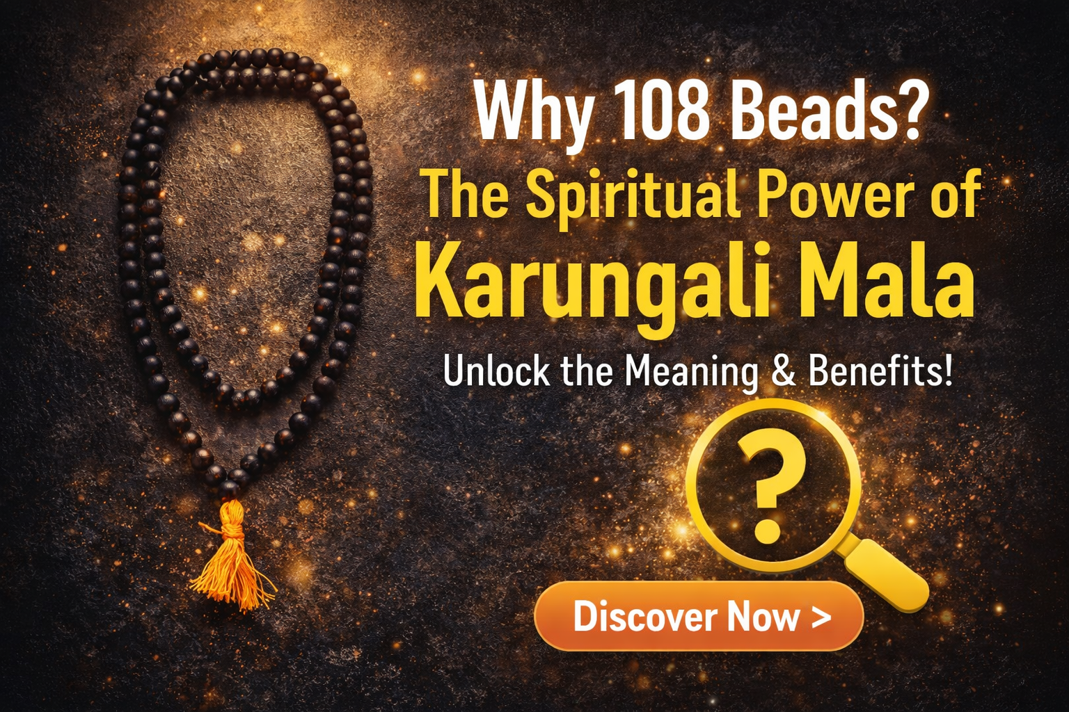 108 beads karungali mala with yellow tassel on dark background showing spiritual power and benefits