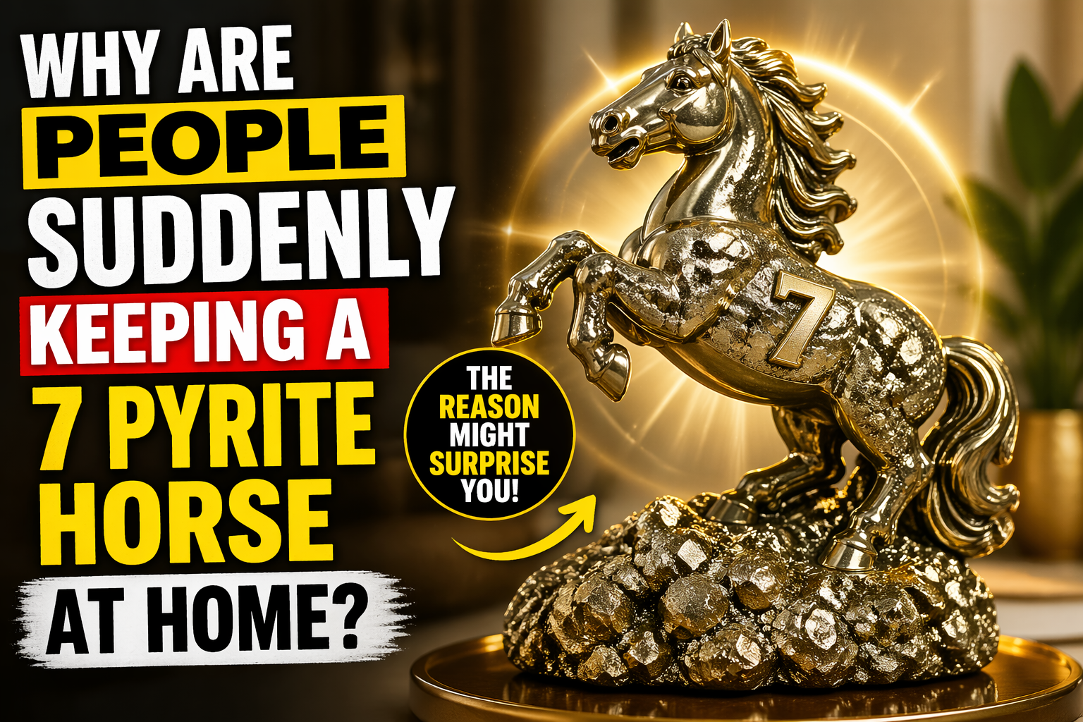 Golden 7 pyrite horse statue placed at home for attracting wealth, success, and positive energy according to Vastu and Feng Shui beliefs