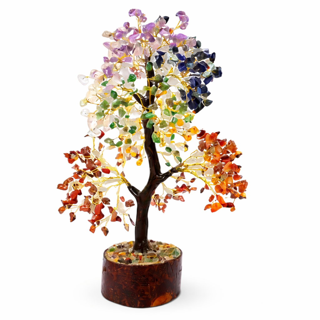Chakra crystal tree on wooden base Natural Crystal Beads And Metal Wire 7 Chakra Crystal Tree - 200 Beads For Home And Office