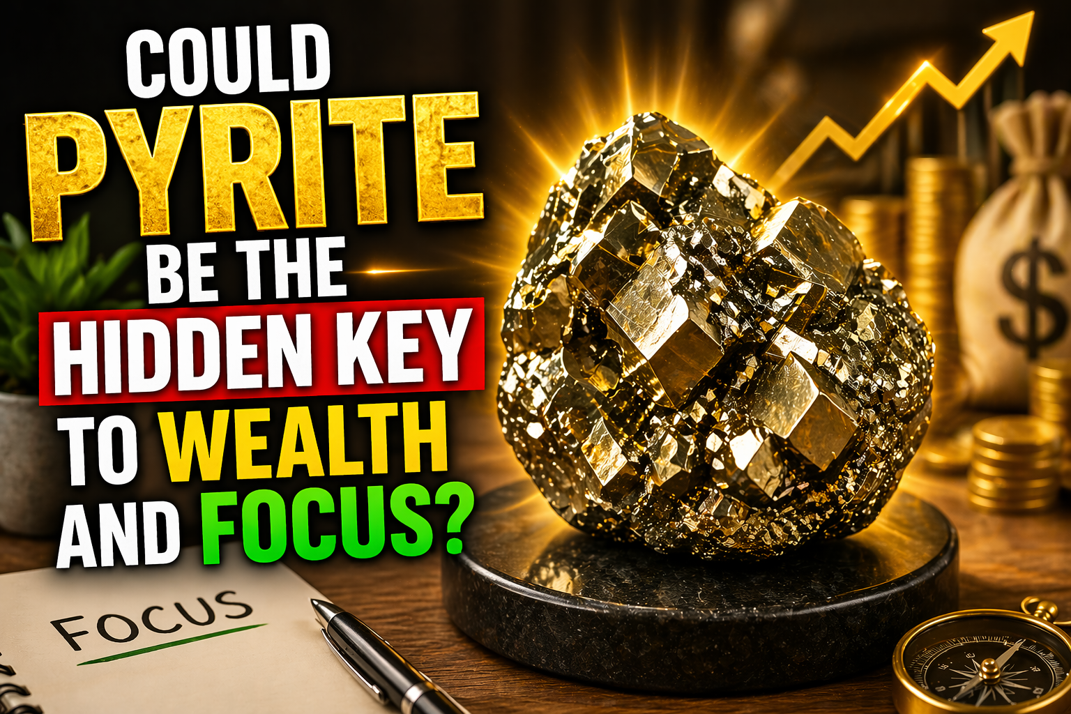 Shiny pyrite crystal placed on a desk representing wealth attraction, mental clarity, and focus in Vastu and Feng Shui practices