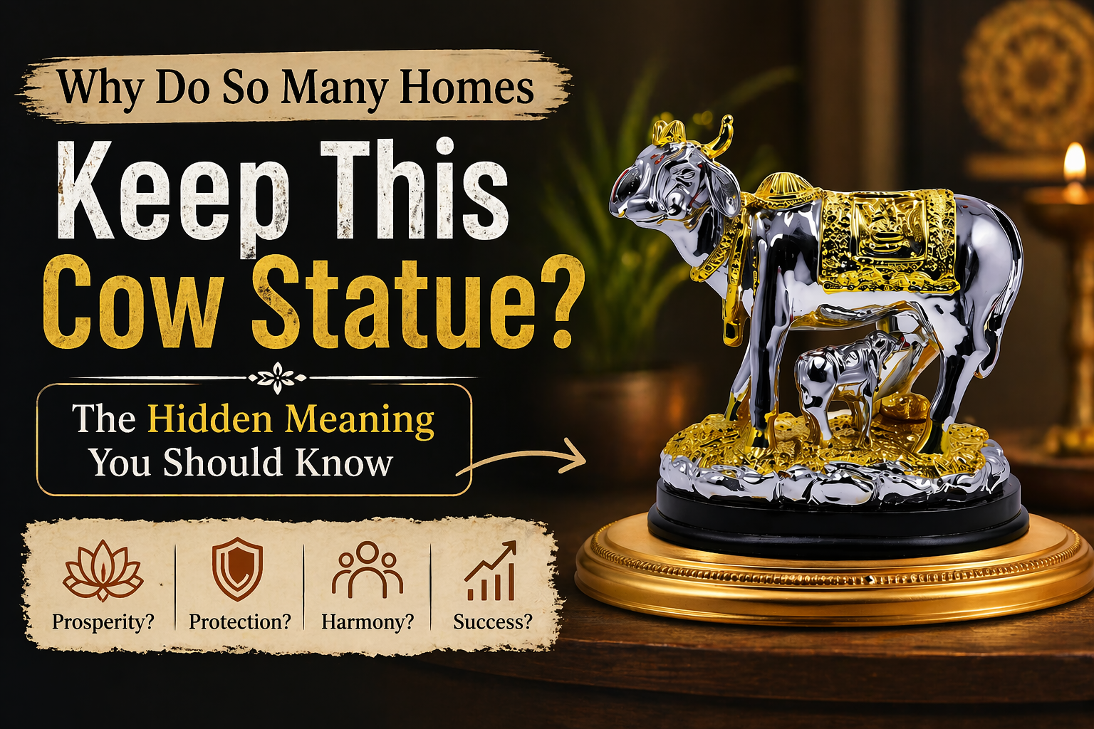 Silver Kamdhenu cow statue with gold detailing placed on a decorative base, featured in a warm home setting