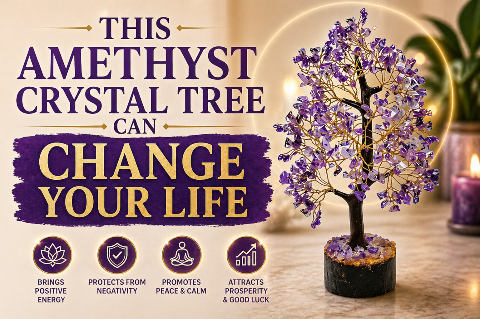 Beautiful Amethyst Crystal Tree with purple crystal branches that brings positive energy, peace, prosperity, and protection for home decor and spiritual healing.