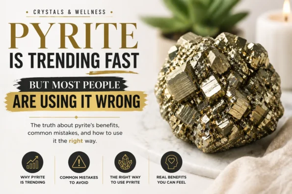 Pyrite crystal cluster with golden metallic shine placed on a desk, illustrating wealth, focus, and correct usage of pyrite stone