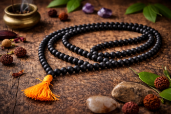 Close-up view of a 108 beads Karungali mala with matte black wooden beads and an orange tassel, placed on a rustic wooden surface surrounded by incense burner, rudraksha beads, natural stones, leaves, and crystals, representing a calm spiritual setting for meditation and chanting