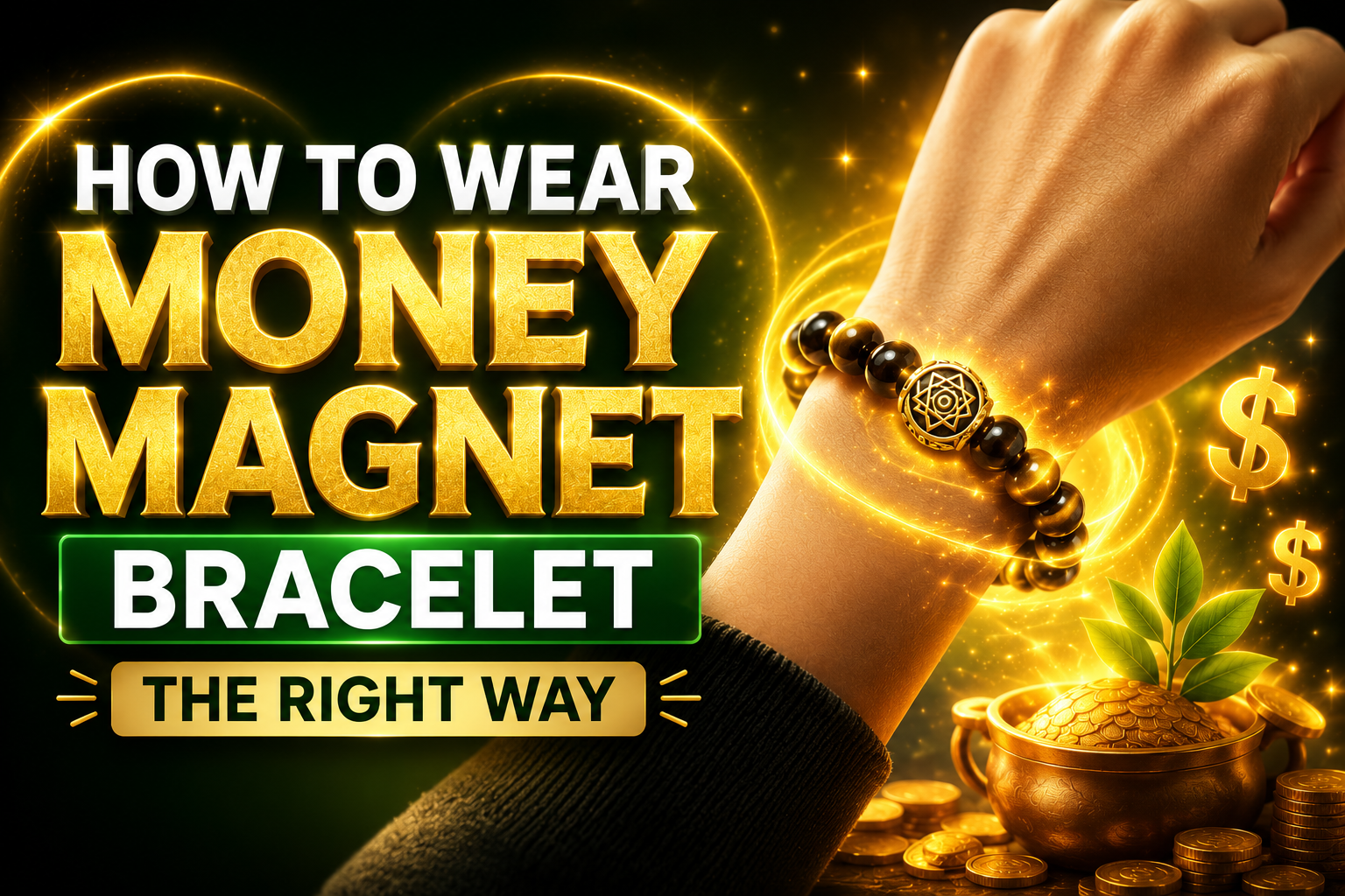 Person wearing a glowing Money Magnet Bracelet on left hand for wealth attraction and positive energy. and the heading is how to wear money magnet bracelet and this is the right way