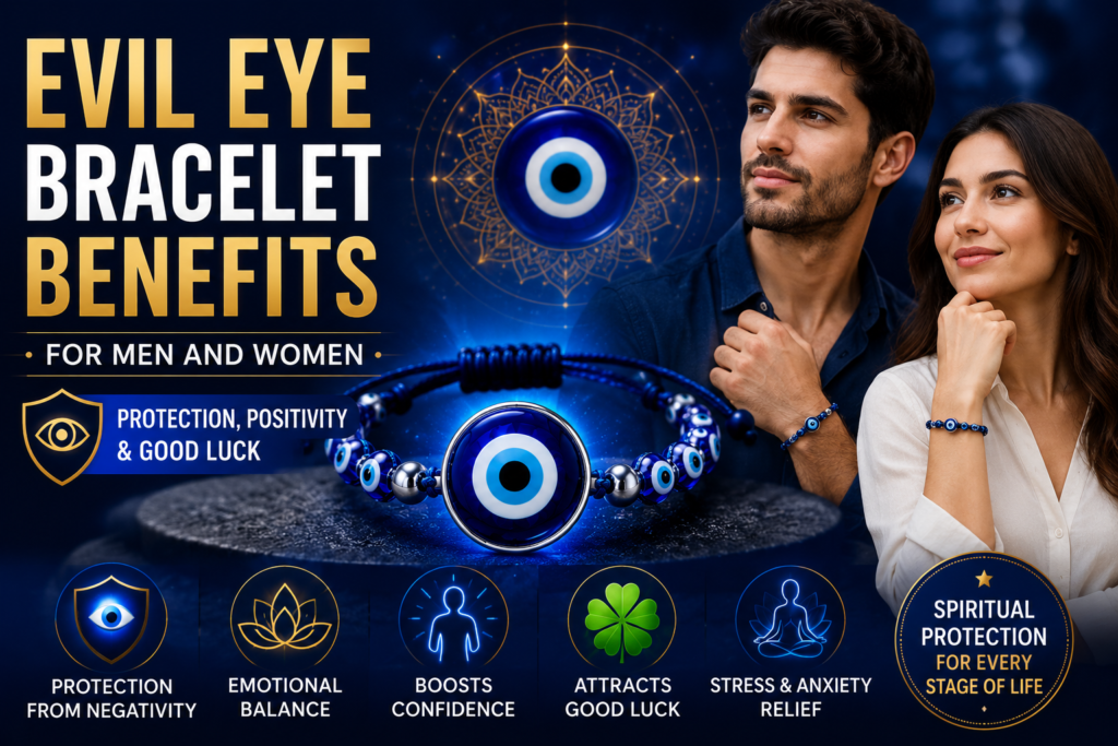 Blue evil eye bracelet with men and women showing evil eye bracelet benefits for men and women including protection, positivity, emotional balance, and spiritual wellness.