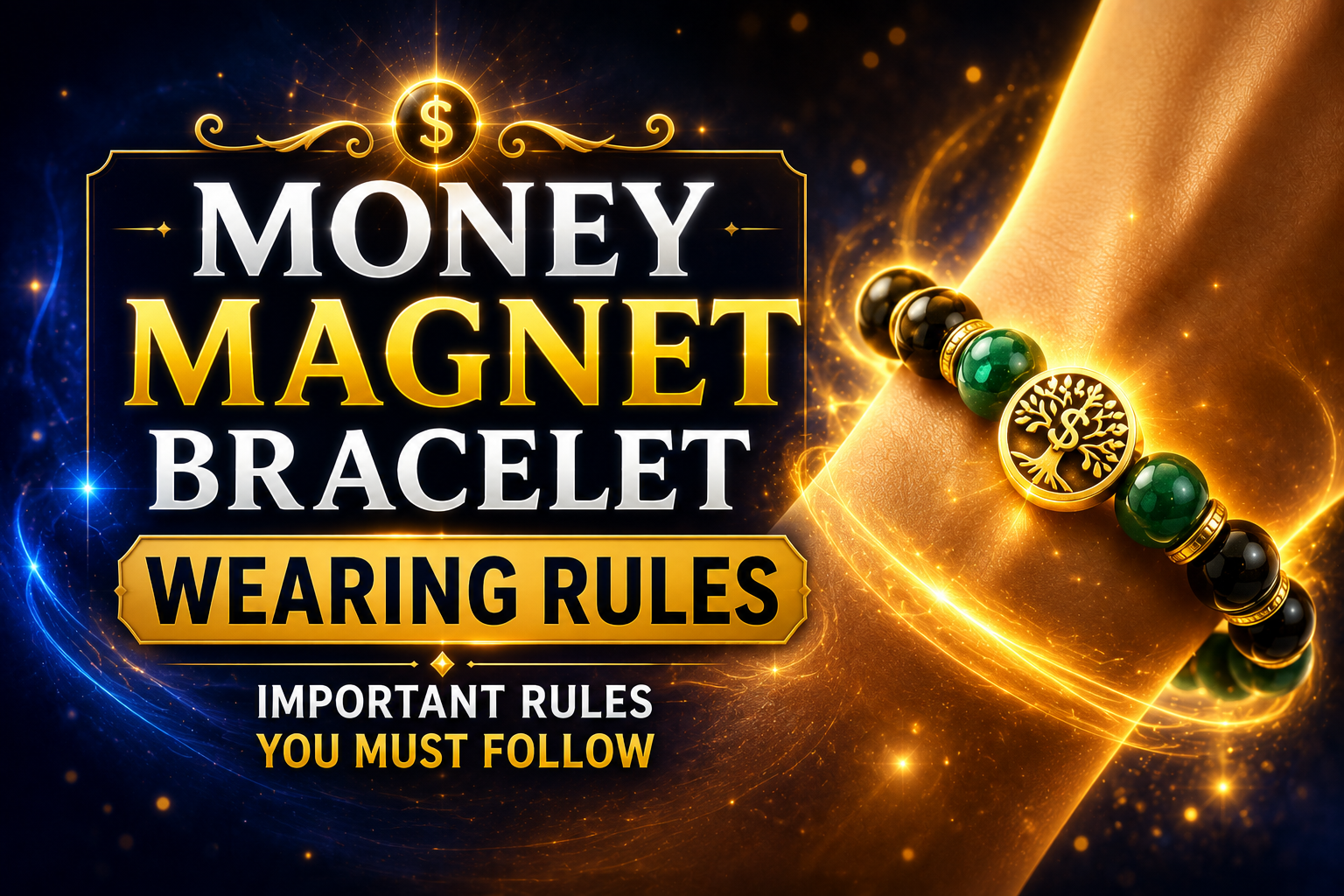 Money Magnet Bracelet Wearing Rules guide showing glowing wealth attraction bracelet with proper wearing tips for money abundance and positive energy.