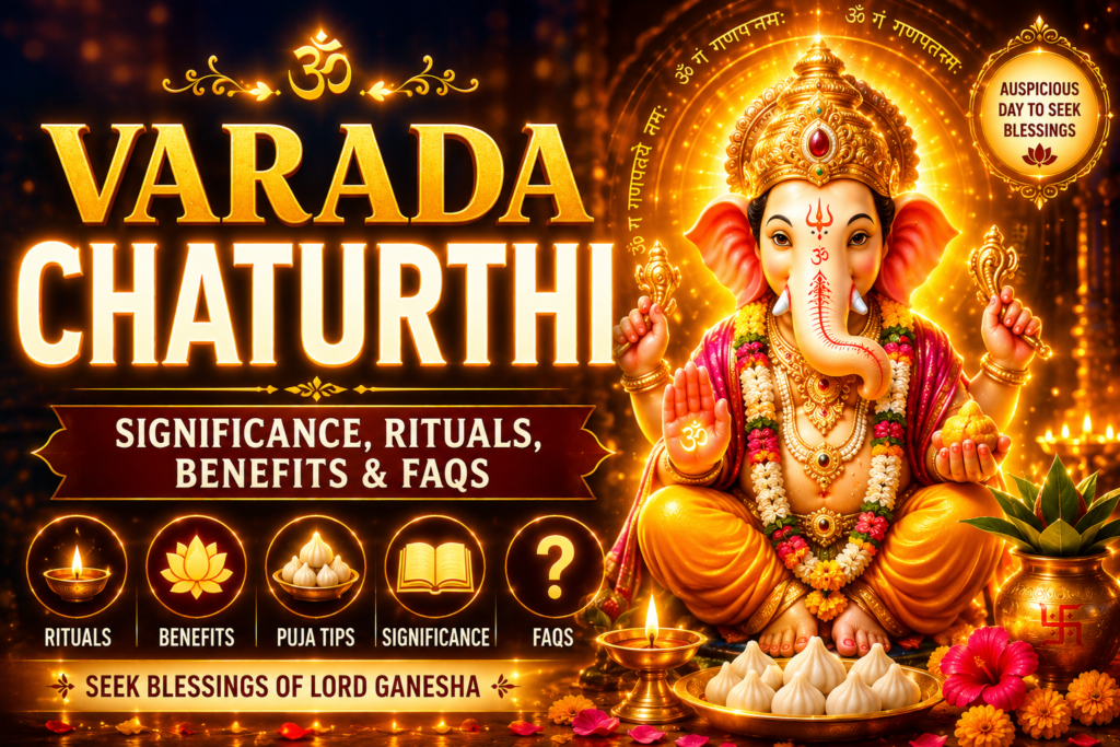 Varada Chaturthi glowing thumbnail featuring Lord Ganesha idol, festive lamps, modak, and Hindu festival decorations for Ganesh puja blog.