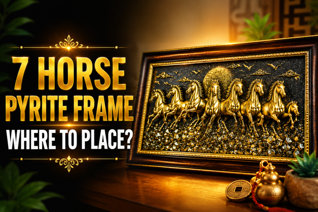 Where to Place 7 Horse Pyrite Frame showing seven golden horses in a pyrite frame positioned for wealth, prosperity, career growth, financial success, and positive energy according to Vastu.