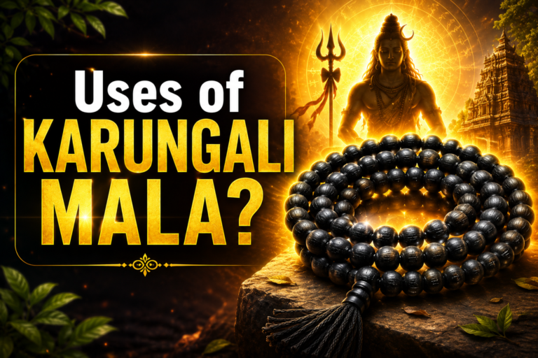 Use of Karungali Mala thumbnail showing glowing black ebony mala with Lord Shiva background for spiritual protection and meditation