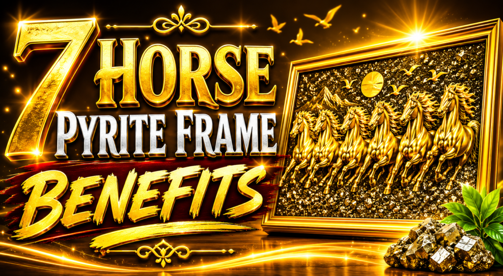 7 Horse Pyrite Frame benefits with seven golden running horses symbolizing wealth, prosperity, success, positive energy, career growth, and Vastu good luck