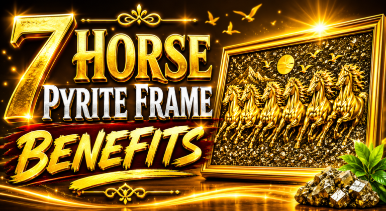 7 Horse Pyrite Frame benefits with seven golden running horses symbolizing wealth, prosperity, success, positive energy, career growth, and Vastu good luck