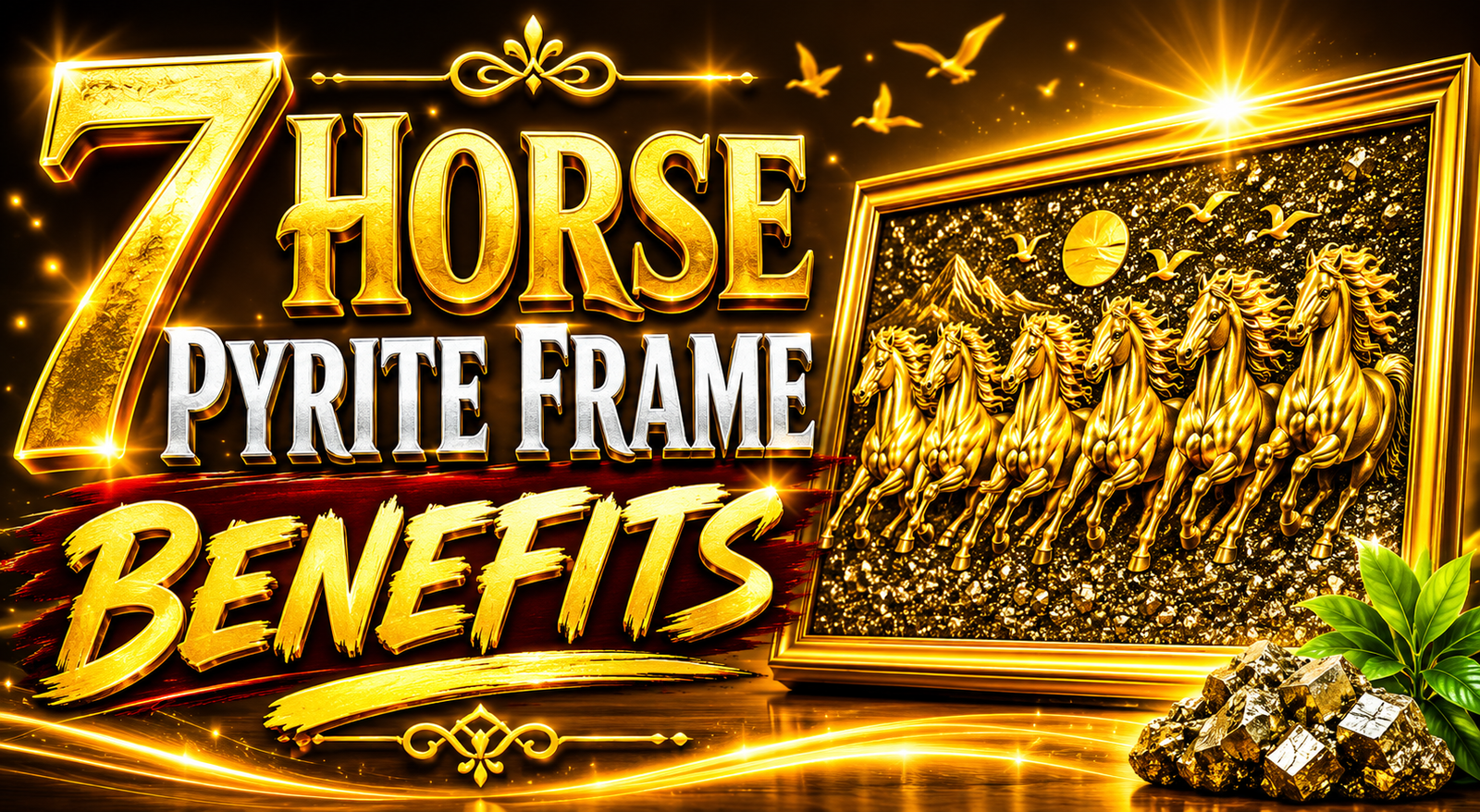 7 Horse Pyrite Frame benefits with seven golden running horses symbolizing wealth, prosperity, success, positive energy, career growth, and Vastu good luck