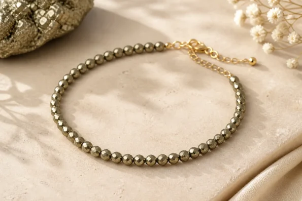 Close-up product image of a pyrite beaded anklet with faceted metallic beads and a delicate gold chain clasp placed on a soft beige stone surface.