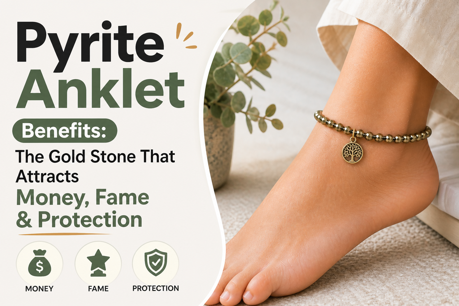 Clean Google Discover-style thumbnail featuring the title “Pyrite Anklet Benefit: The Gold Stone That Attracts Money, Fame & Protection” in bold black and green text on a soft neutral background. On the right, a close-up of a woman’s ankle wearing a pyrite beaded anklet with a small charm is shown with natural lighting and a minimal lifestyle setting, creating a fresh and elegant look.