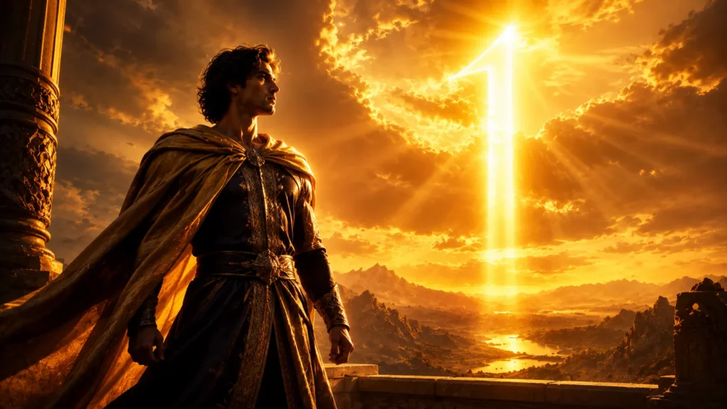 Mulank 1 personality traits image showing a powerful leader with a luminous number 1 under golden sunlight, representing confidence, leadership, ambition, determination, and success in numerology.