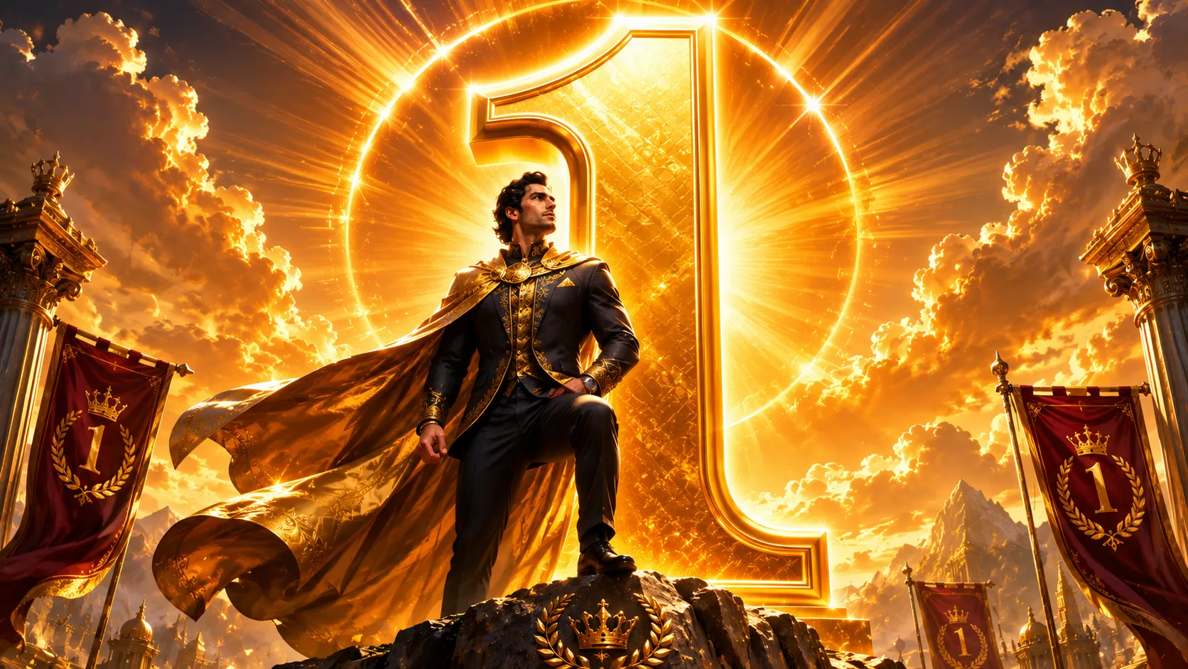 Mulank 1 personality illustration featuring a confident leader standing in front of a glowing golden number 1, surrounded by radiant sunlight, symbols of success, ambition, leadership, and independence in a premium golden fantasy style.