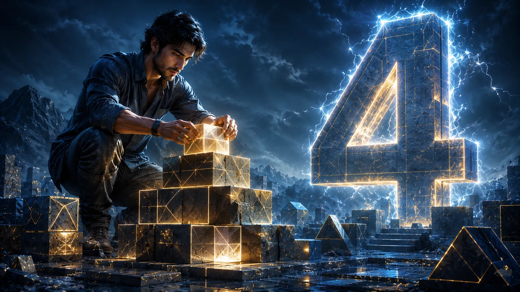 Mulank 4 personality traits image showing a focused builder stacking glowing geometric blocks with a luminous number 4, representing discipline, organization, determination, stability, and practical thinking in numerology.