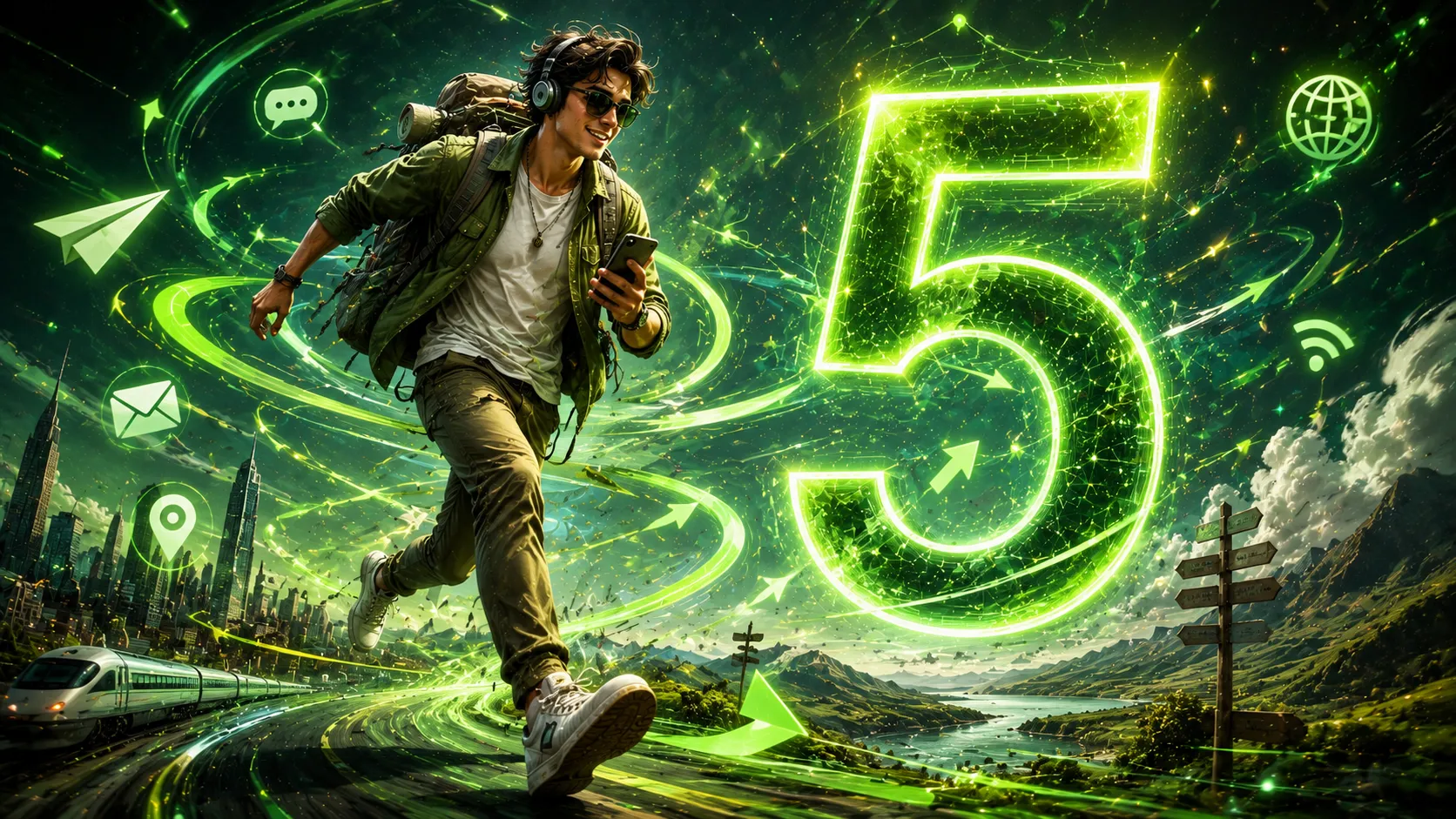 Mulank 5 personality traits image showing a dynamic traveler with a luminous number 5, symbolizing communication, adventure, intelligence, adaptability, freedom, and versatility in numerology.