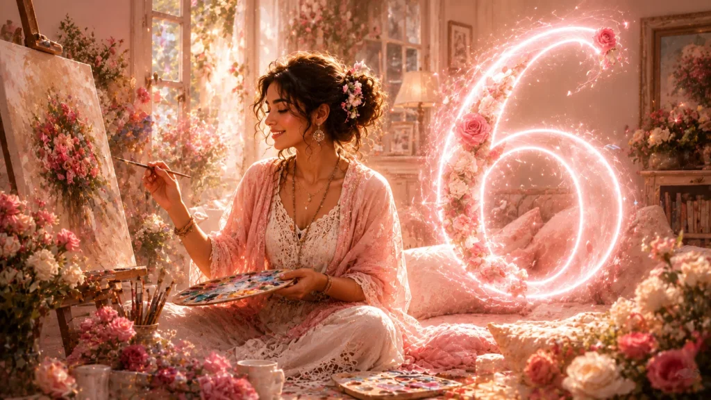 Mulank 6 personality traits image showing a peaceful artistic figure with a luminous number 6 in a flower-filled home, representing love, family, creativity, harmony, responsibility, and Venus energy in numerology.