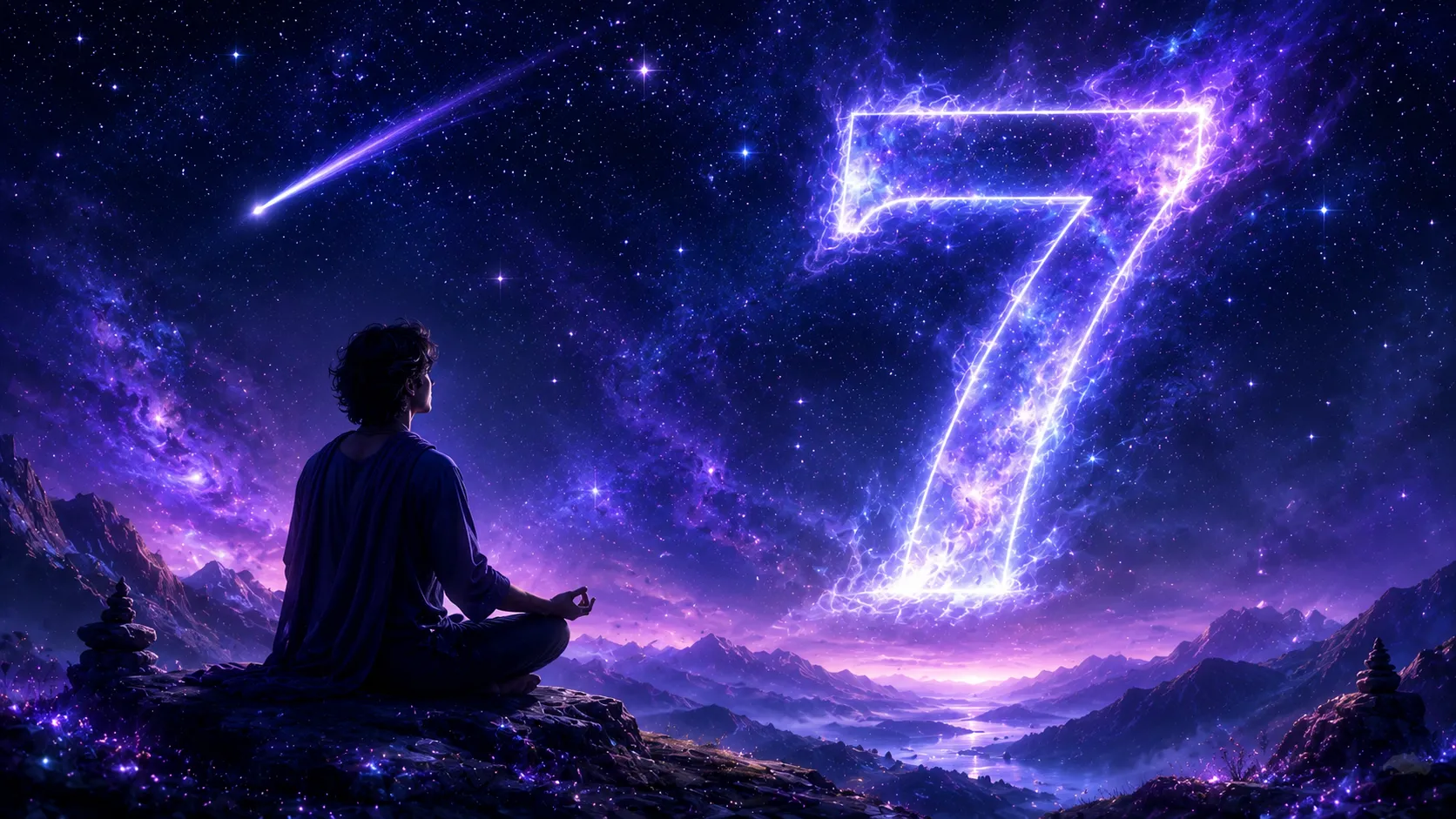 Mulank 7 personality traits image showing a solitary person meditating under a mystical night sky with a luminous number 7, representing spirituality, deep thinking, intuition, wisdom, and introspection in numerology.