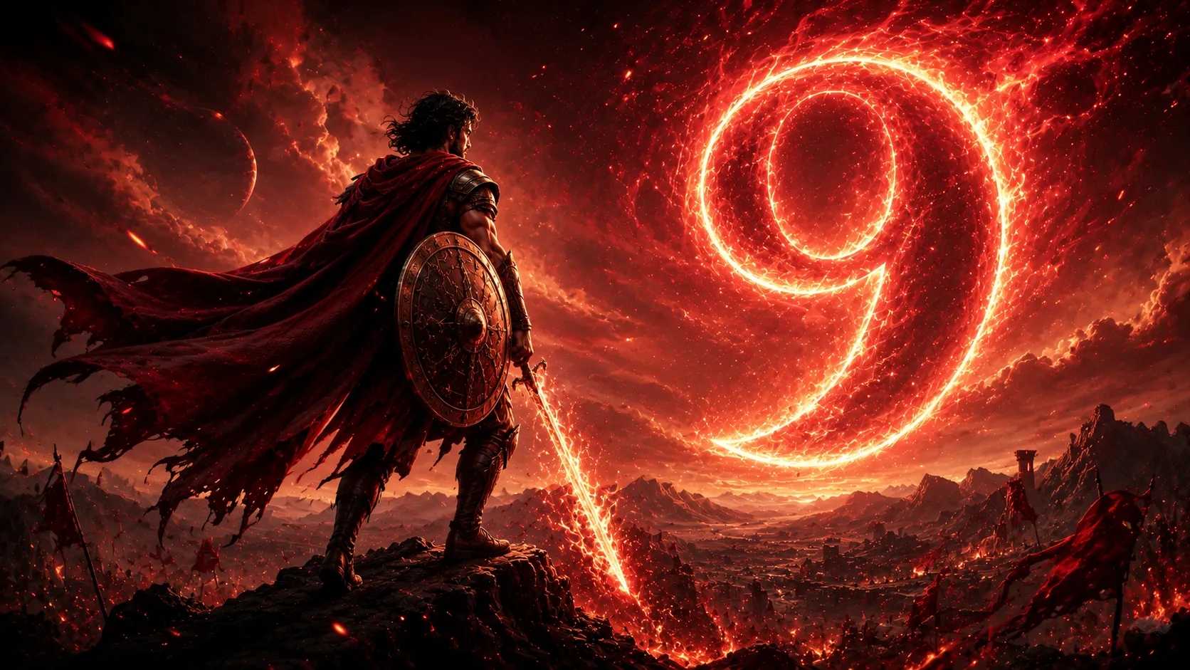 Mulank 9 personality traits image showing a heroic warrior with a luminous number 9 in a fiery Mars-inspired landscape, representing bravery, confidence, leadership, passion, resilience, and selfless service in numerology.