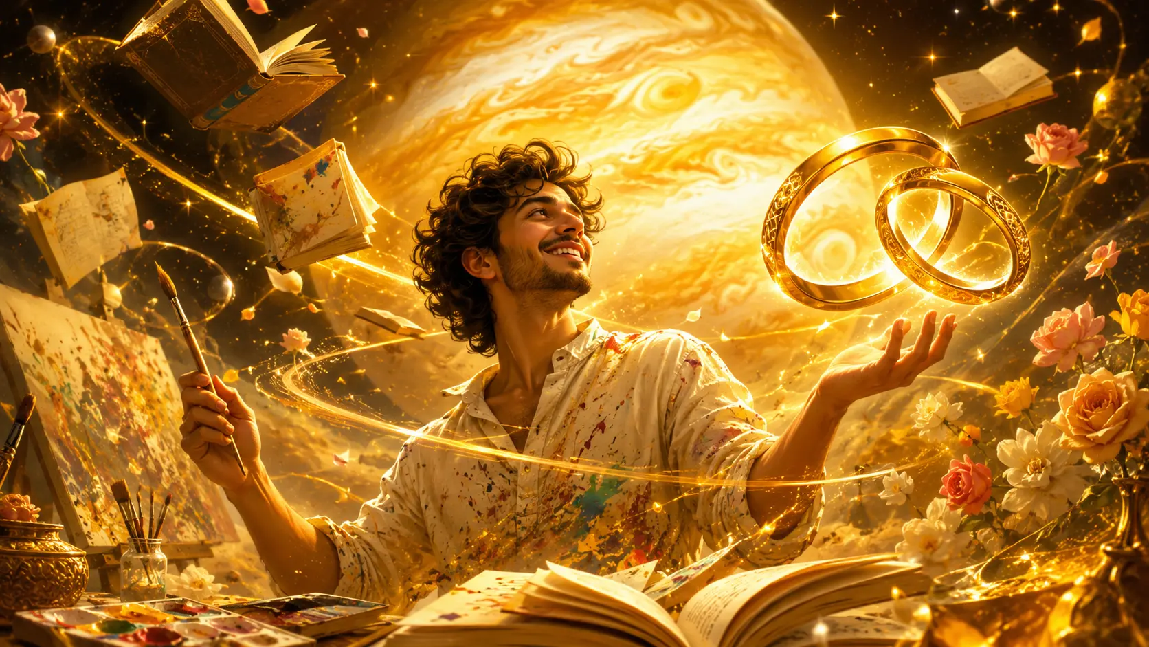 A smiling artist surrounded by floating books, roses, and glowing golden rings with Jupiter in the background