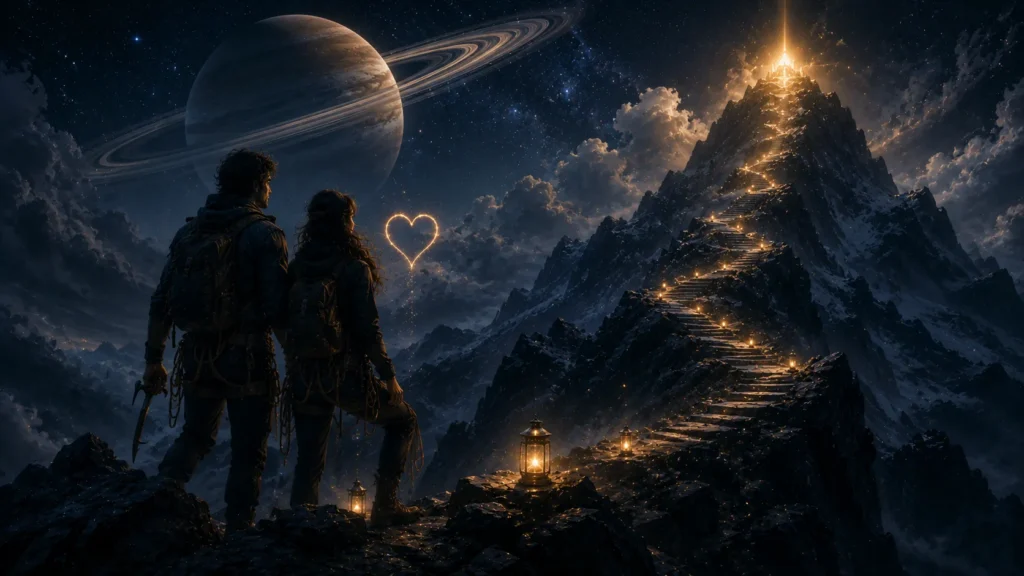 Starlit ascent towards the glowing peak
