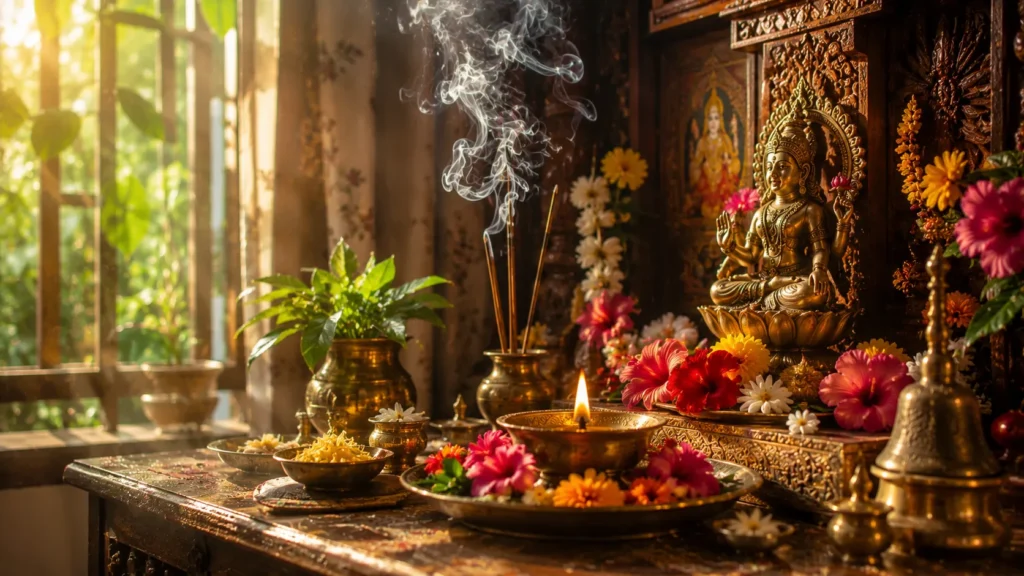 Golden Brass Altar with Flowers and Incense