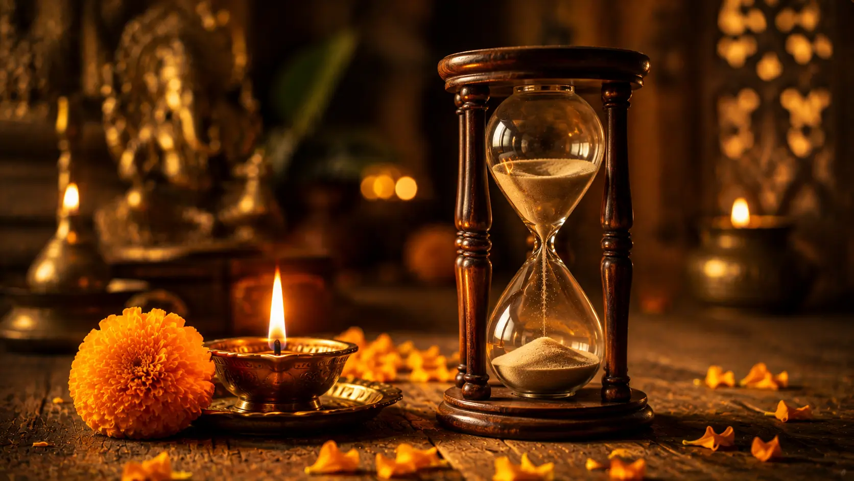 Golden Hourglass and Marigold Diya