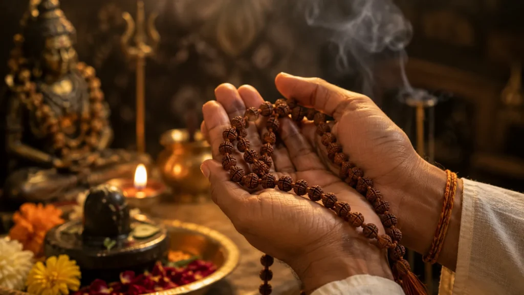 Hands Holding Rudraksha Mala at Devotional Altar