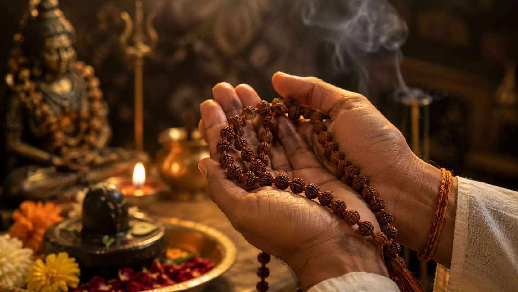 Hands Holding Rudraksha Mala at Devotional Altar