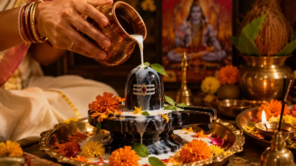 Milk Abhishekam at a Shiva Altar