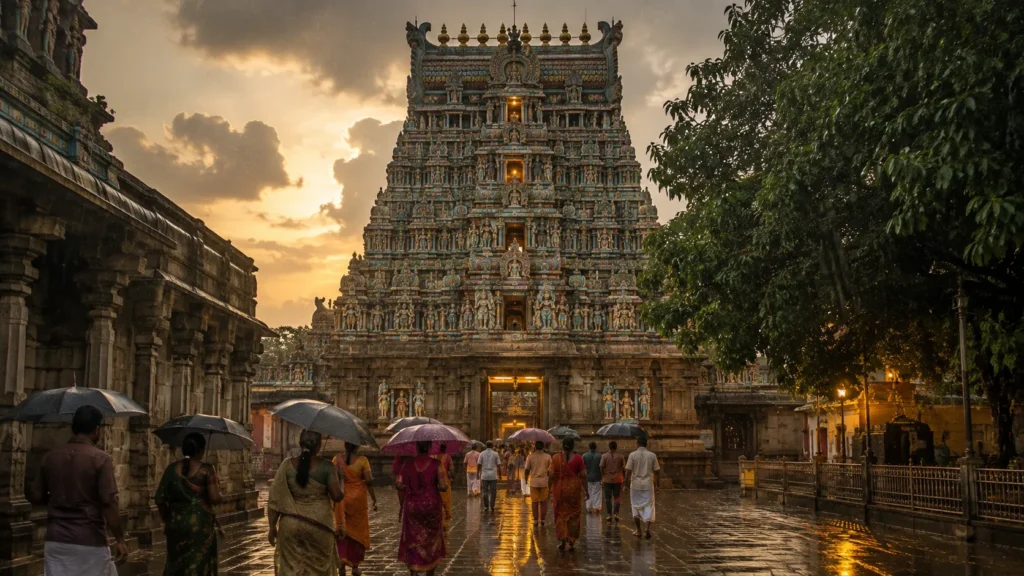 Rainy Temple Courtyard at Dusk