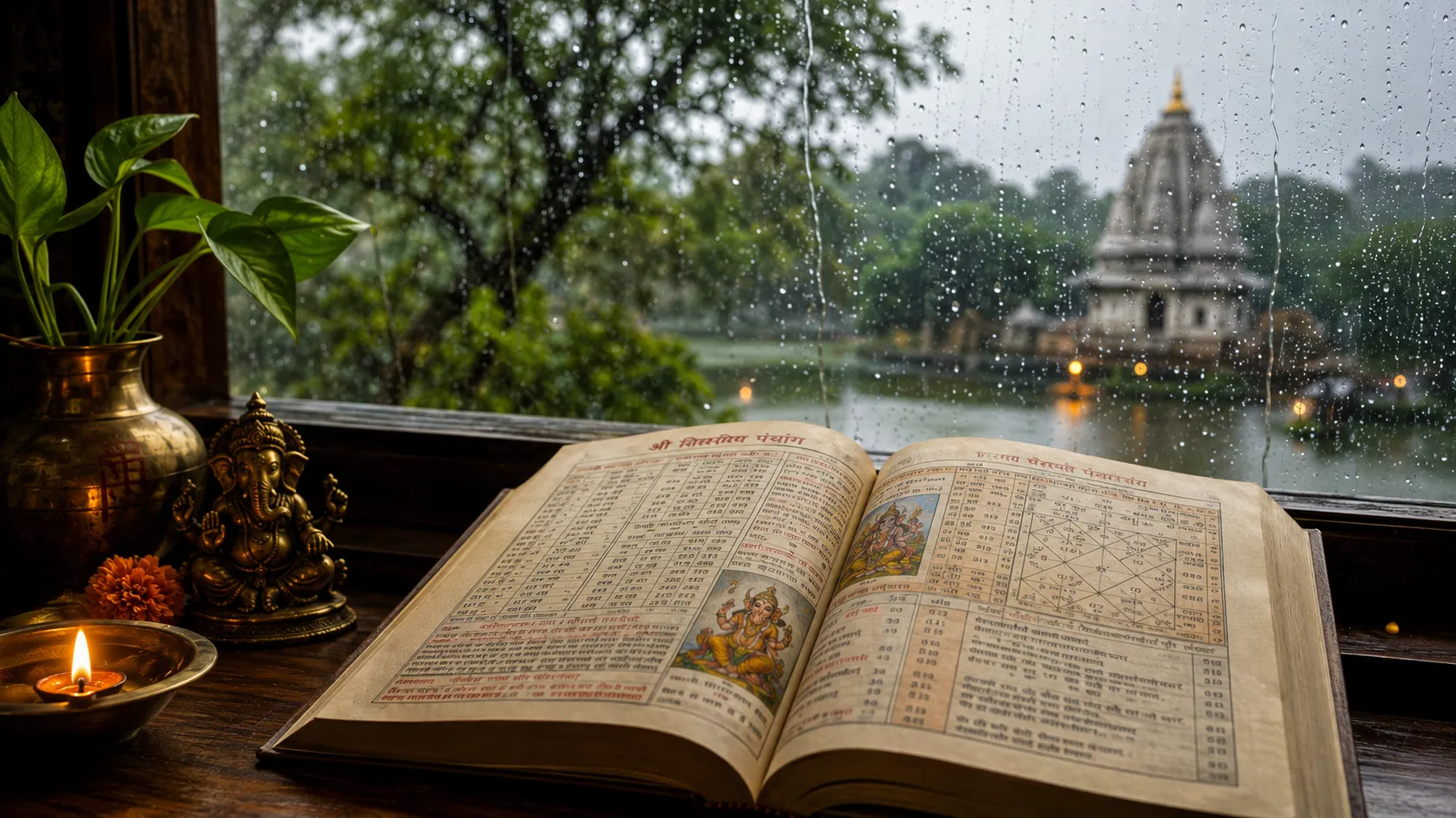 Rainy Window Altar with Open Panchang