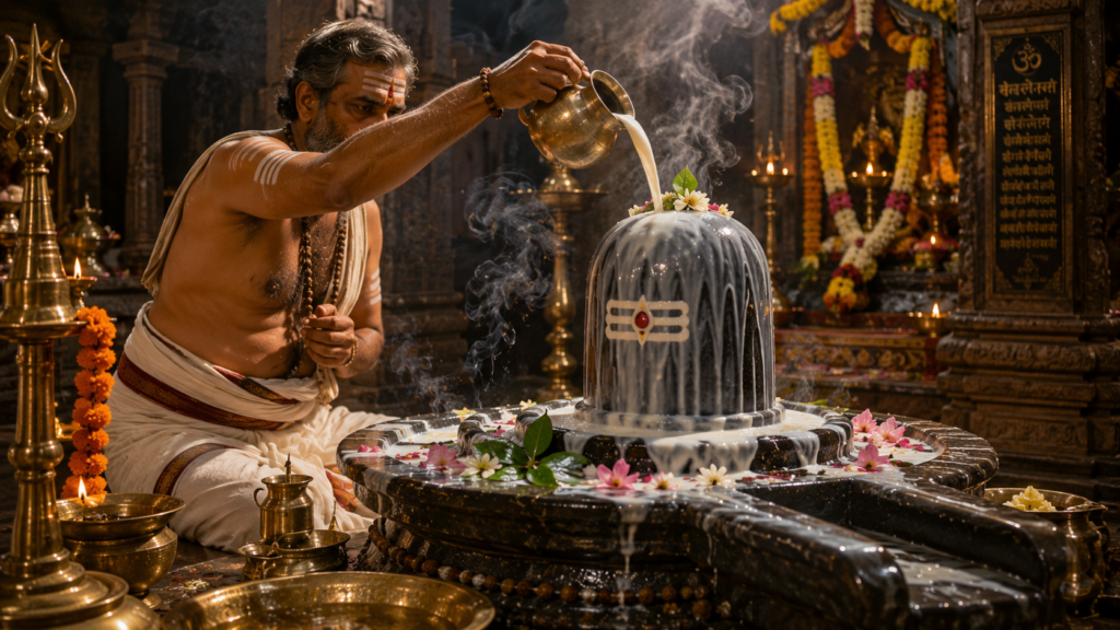 Sacred Abhishekam at the Shiva Shrine